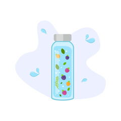 Water Bottle with berries and leaves. Refreshing summer drink. Isolated on white background. Thermos