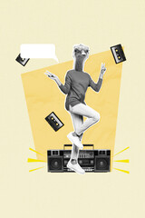 Vertical collage of headless surrealism image ostrich animal mask masquerade discotheque cassette...
