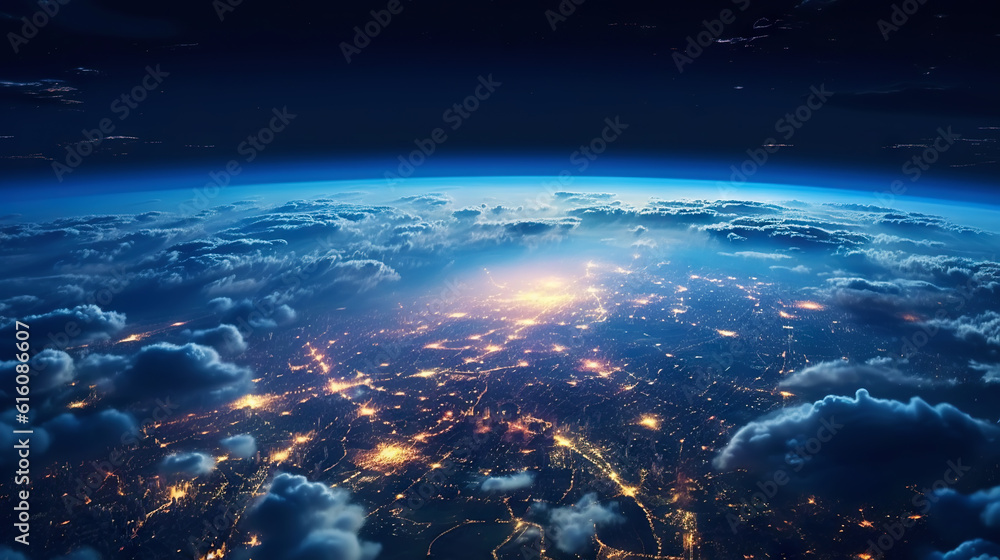 Canvas Prints panoramic view on planet earth globe from space. glowing city lights, light clouds. generative ai