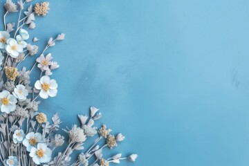 Small beautiful flowers blossom on pastel background with copy space. Floral pattern layout with a lots of place for adding text Generative AI