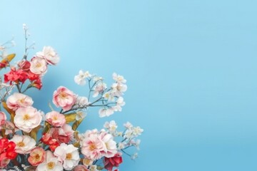 Fototapeta premium Small beautiful flowers blossom on pastel background with copy space. Floral pattern layout with a lots of place for adding text Generative AI