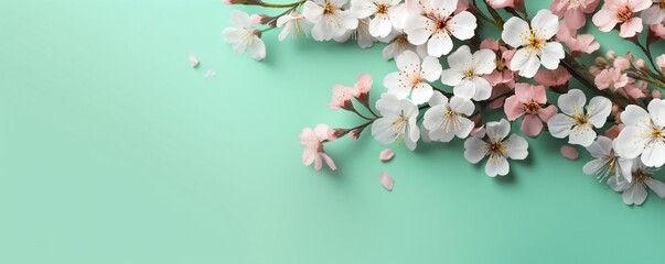 Small beautiful flowers blossom on pastel background with copy space. Floral pattern layout with a lots of place for adding text Generative AI