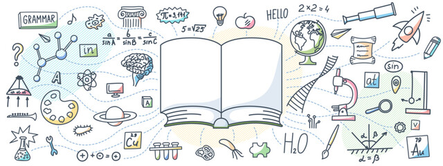 Book with hand drawn school subjects doodle on white background. Education concept.