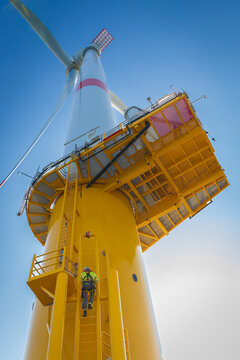Climbing offshore wind turbine technician