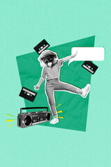 Concert collage of young headless surreal animal masquerade discotheque concert listen old boombox singing isolated on green background