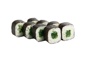 Wakame gunkan maki, gunkan is made with wakame, the edible brown seaweed with numerous health benefits. The seaweed is used as a topping for nori-wrapped sushi rice.