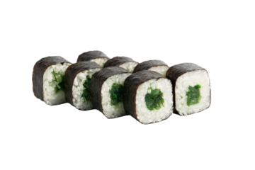 Wakame gunkan maki, gunkan is made with wakame, the edible brown seaweed with numerous health benefits. The seaweed is used as a topping for nori-wrapped sushi rice.