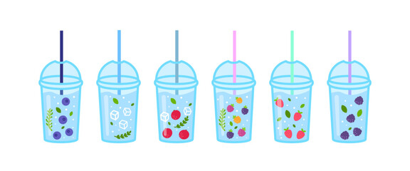 Set of Water Bottles with different  berries and leaves. Disposable cup with straw. Isolated on whtie background.