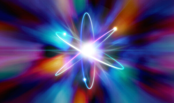 A close-up of an atomic particle for nuclear energy consists of atoms that contain a nucleus and orbiting electrons.