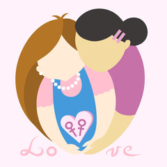 Lesbian girls in love holding female signs in heart on pink background - simple vector illustration. LGBT pride Gay and Lesbian concept