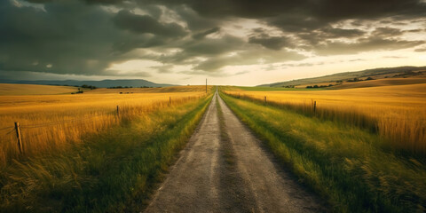 Obraz premium Beautiful grassland road. Minimalistic highway in countryside. Generative AI