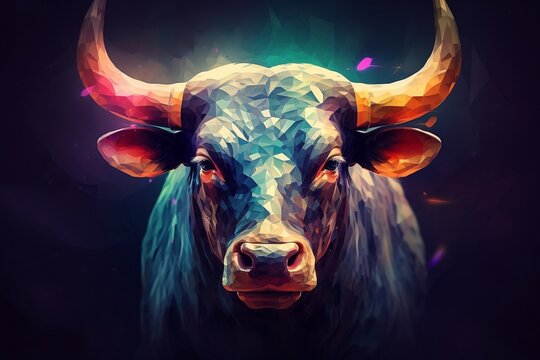 A bull's head depicted in a painting on a black background. Generative AI