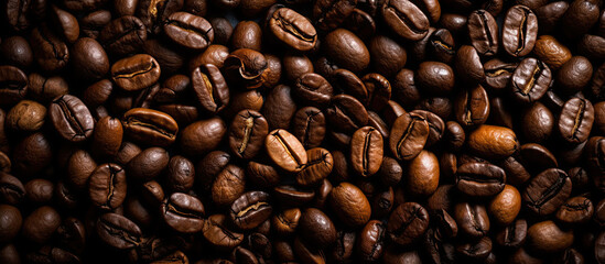 Naklejka premium Coffee beans. Panoramic horizontal background of roasted coffee beans. Generative AI illustration.