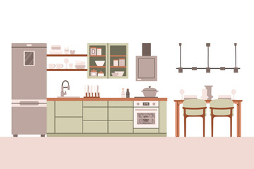 Kitchen with furniture. Cozy kitchen interior with table, stove, cupboard, dishes and fridge. Flat style vector.