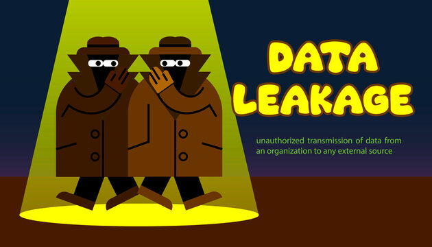 data leakage illustration, two cartoon spies in raincoats and fedora hats sharing secret information in the dark.