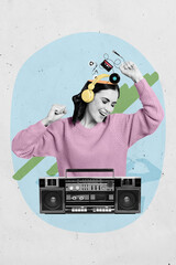 Composite collage avatar illustration of young woman listen wireless earphones remember old boombox...