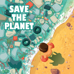 illustration of a beach polluted by garbage. banner poster design to save our planet