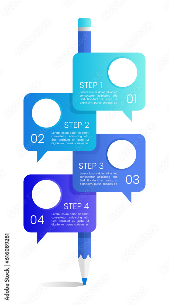 Poster Writing test for language learning blue infographic chart design template. Abstract vector infochart with blank copy spaces. Instructional graphics with 4 step sequence. Visual data presentation