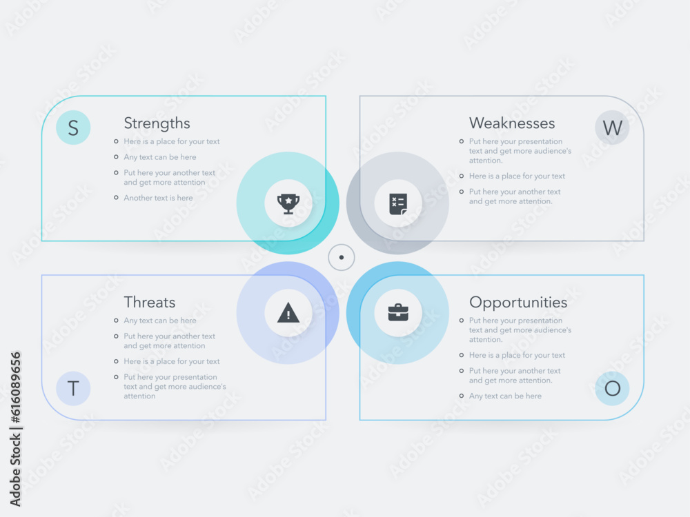 Aufkleber swot diagram template with four colorful choices. flat presentation chart with thin lines, icons and