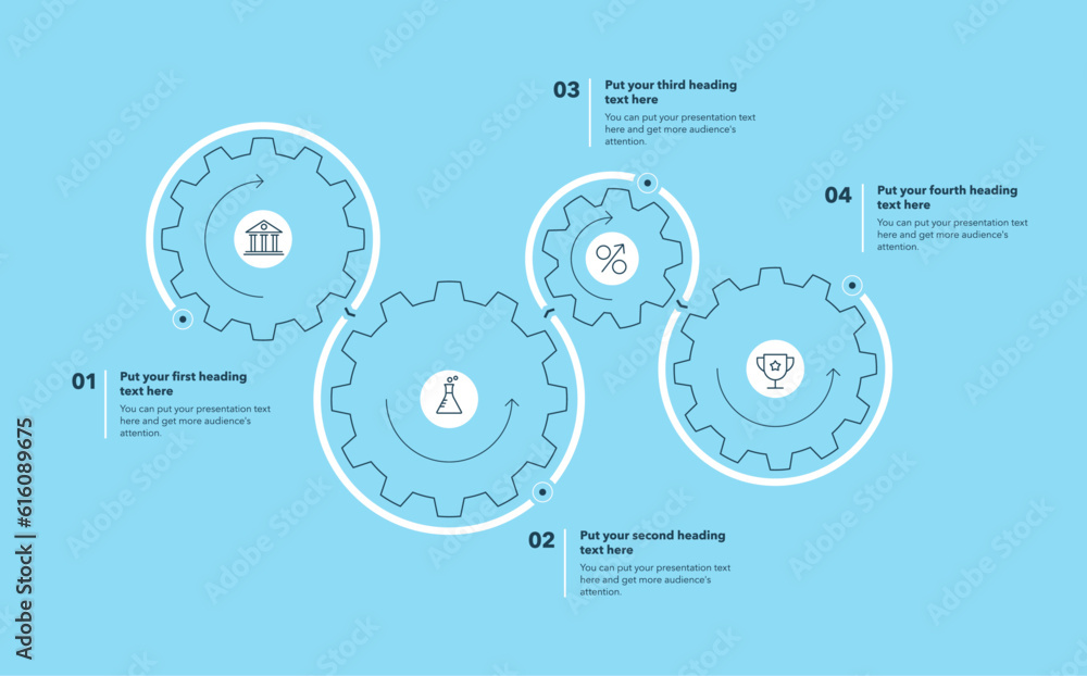 Poster cogwheel process template with four steps - blue version. simple chart design for workflow layout, d
