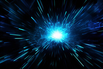 Black blue white tech futuristic background, light, abstract glowing rays, lines, dots. Generative AI
