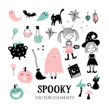 Cute hand drawn Halloween design, spooky characters and decoration, vector elements.