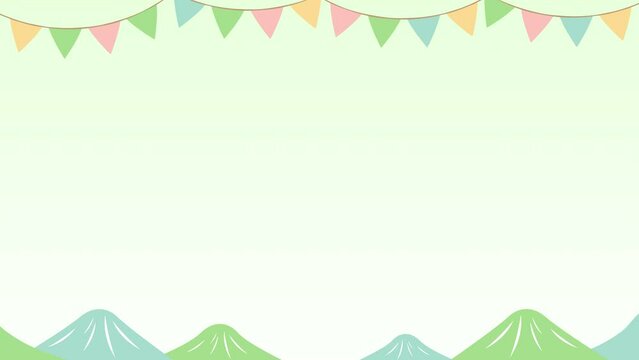 夏の自然・キャンプ・野外フェスや屋外イベントテーマの山とガーランドのコピースペースのある背景ループアニメーション