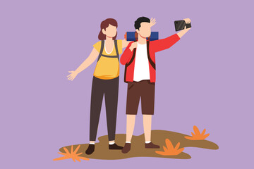 Cartoon flat style drawing romantic couple standing full length trying to take selfie with mobile device in hand. Young man and cute woman are photographed together. Graphic design vector illustration