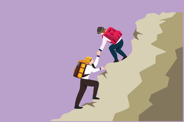 Cartoon flat style drawing two people woman success on peak of hills. Team of climbers helping hand on mountain top. Teamwork hiking, trust assistance in mountains. Graphic design vector illustration