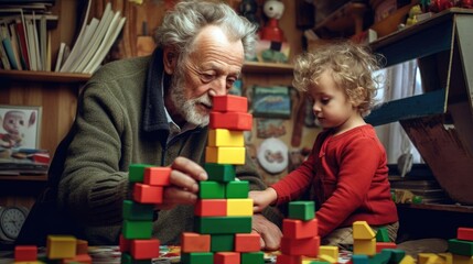 Grandpa helped his two-year-old grandson build a tower with colorful blocks.