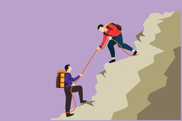 Cartoon flat style drawing active two man hikers climbing up mountain and helping to each other with rope. Business, success, achievement and goal concept, symbol. Graphic design vector illustration
