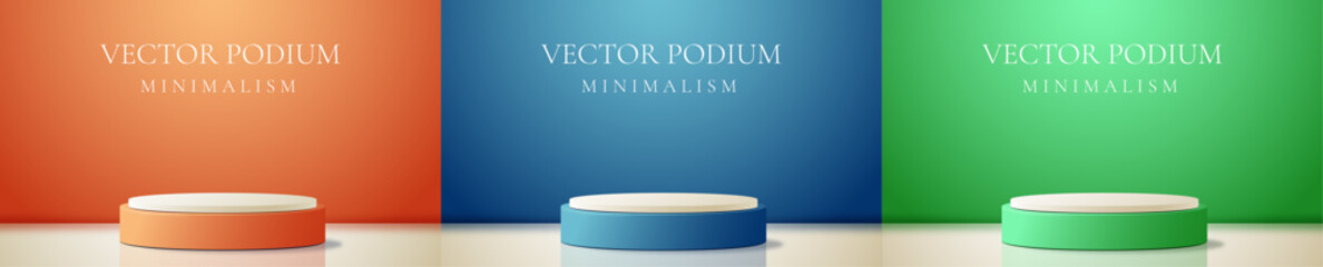 Set of realistic 3d cylinder pedestal podium in pastel colorful abstract rooms, orange, blue, green. Stage showcase, Product display. Vector rendering geometric forms. Minimal wall scene. 