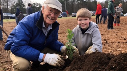 A grandfather and grandson volunteering together at a local charity.