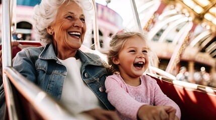 A grandmother and granddaughter having a fun day at an amusement park.