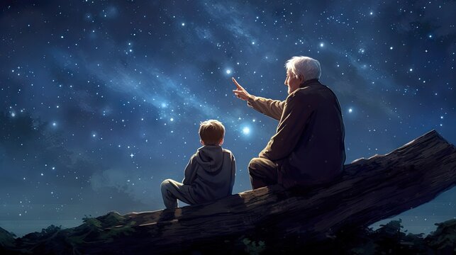 A grandfather and grandson stargazing on a clear night.