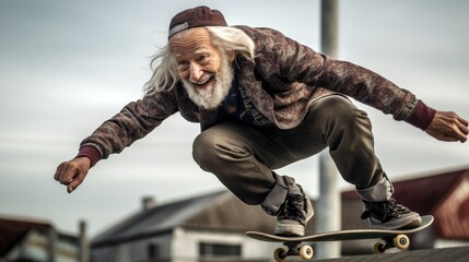 An older man showing off his impressive skateboarding tricks at a local skatepark. - obrazy, fototapety, plakaty