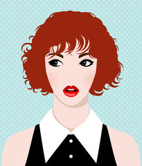 1395_Young redhead woman with fresh pink cheeks wearing fashionable black dress with large white collar