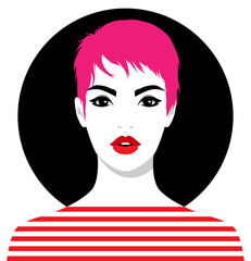 1396_Beautiful young woman with short pink hair wearing striped t-shirt