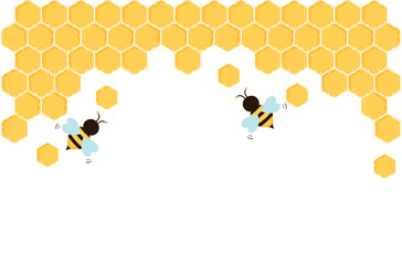 Beehive honey sign with hexagon grid cells and bee cartoons on yellow background vector illustration.
