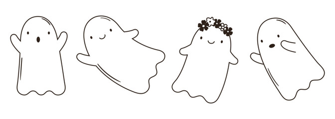 Outline vector illustrations of cute halloween ghosts with face expressions. Hand drawn magic characters sketches for kids. Simple friendly creatures for card, poster, invitation design