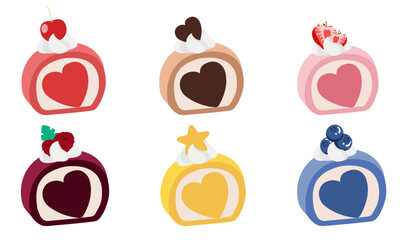 cake, fruit, and macarons, all with floral decorations a collection of delicious treats topped with whipped cream and chocolate glaze. Vector image set off on a white background