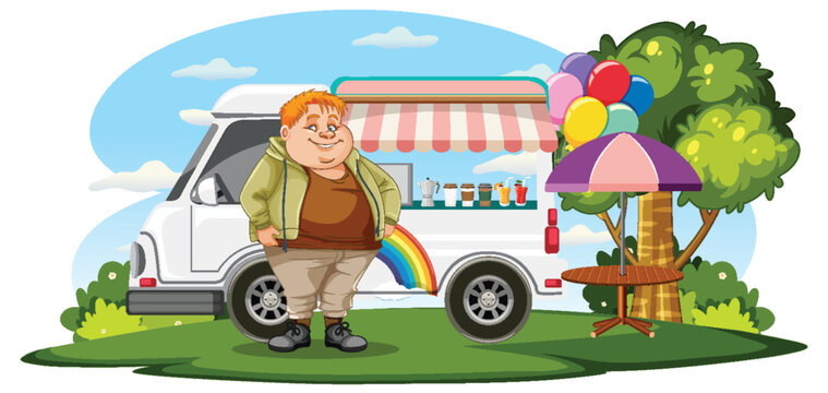 Overweight man in front of coffee food truck