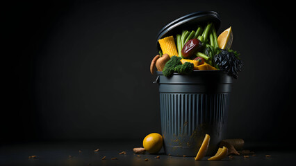 Wasting Food. Fresh food in a garbage can to illustrate the amount of food that is thrown away daily - created with generative ai