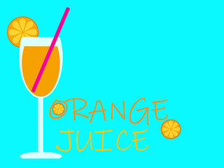 Orange juice in glass, details, on blue background.