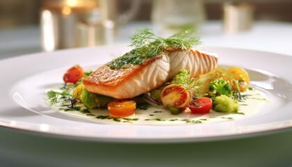 Haute cuisine fish fillet on a plate with vegetables. High key, side view