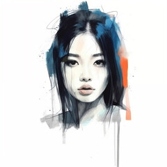 Illustration: portrait of a young beautiful Asian woman. Fashion portrait of girl drawn with watercolors and markers. Generative AI