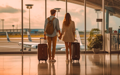 An young couple seen from behind walks through the airport with their suitcases, ready for a well-deserved and relaxing journey