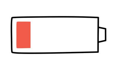 Hand drawn cute outline illustration of discharged battery. Flat vector low accumulator symbol in doodle style. Mental health, need for rest, burnout sticker, icon. Isolated on white background.