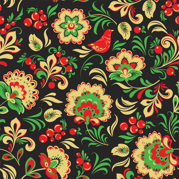 Khokhloma painting vector seamless pattern, decoration objects in folk style
