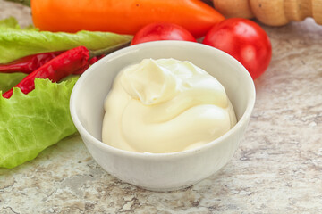 Organic mayonnaise sauce in the bowl